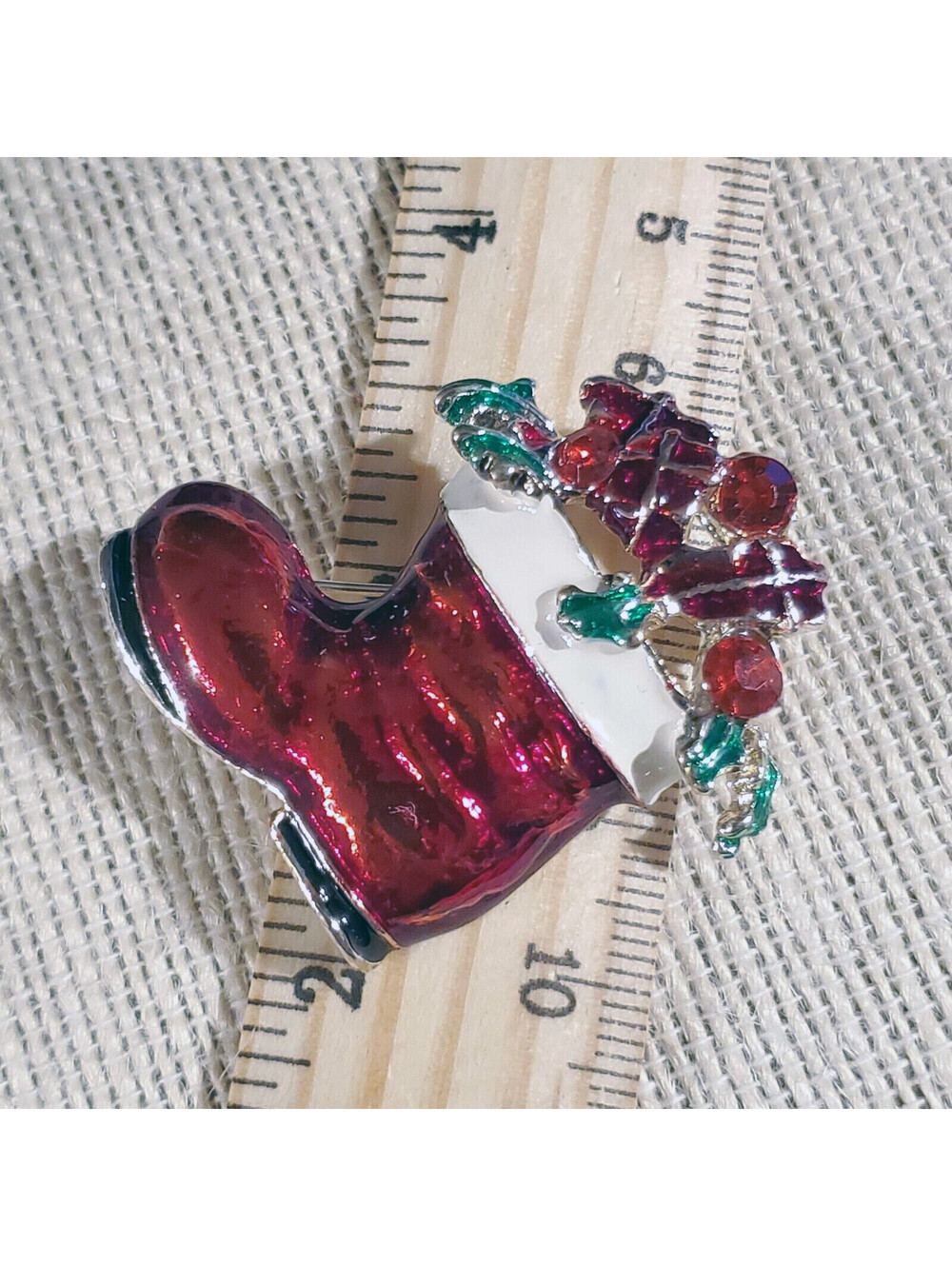 Vintage Red Christmas Stocking Boot Rhinestone Enamel Sweater Pin Brooch